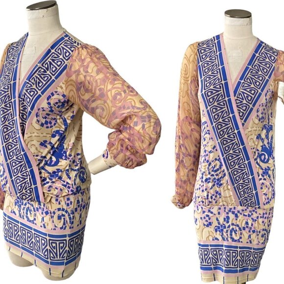 Analili Silk Surplice Faux Wrap Dress XS Mixed Print Sheer Long Sleeve 192A - Picture 1 of 12